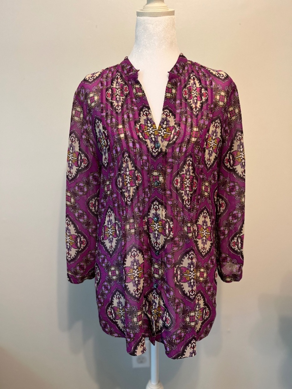 Charter Club Purple Medallion Print Sheer Blouse Sz Medium Button Front Top